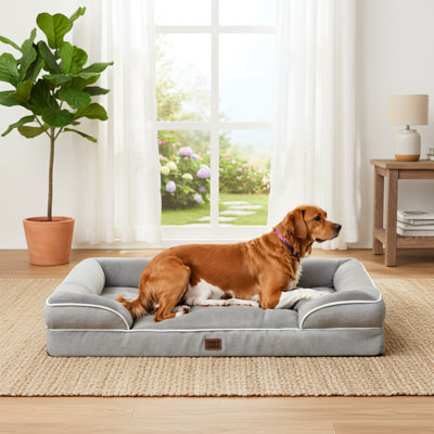 Grand lit orthopédique gris pour chien, mousse à mémoire de forme imperméable + mousse pour plateau à œufs, avec fond latéral antidérapant, housse amovible et lavable, style canapé confortable.