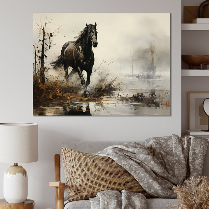 «Grey Horse Misty Morning Canter II», art mural cheval, H 12 po x l 20 po x P 1 po, Toile tendue