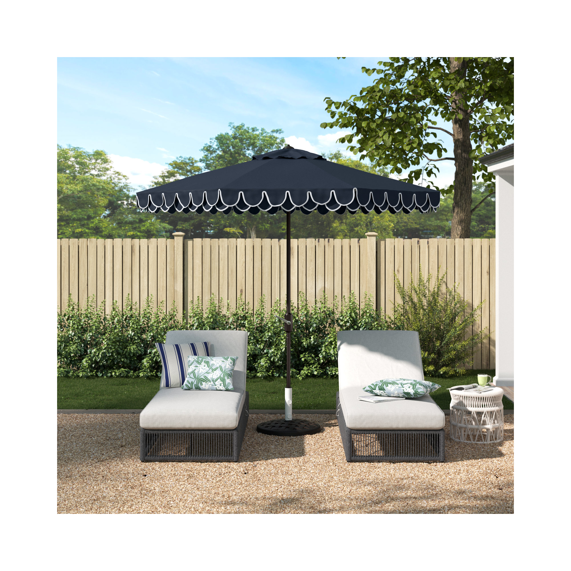 Iago Outdoor Umbrella, Navy/White, Brown