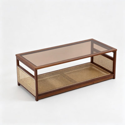 Mid Century Modern Coffee Table with Rattan and Glass, 2-Tier Rectangle Storage Table for Living Room, Apartment, Large Brown