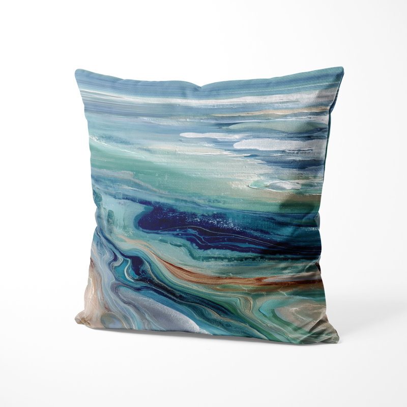 Coussin décoratif imprimé à motif de rivière liquide abstrait vert et bleu - Coussin décoratif côtier, H 16 po x l 16 po
