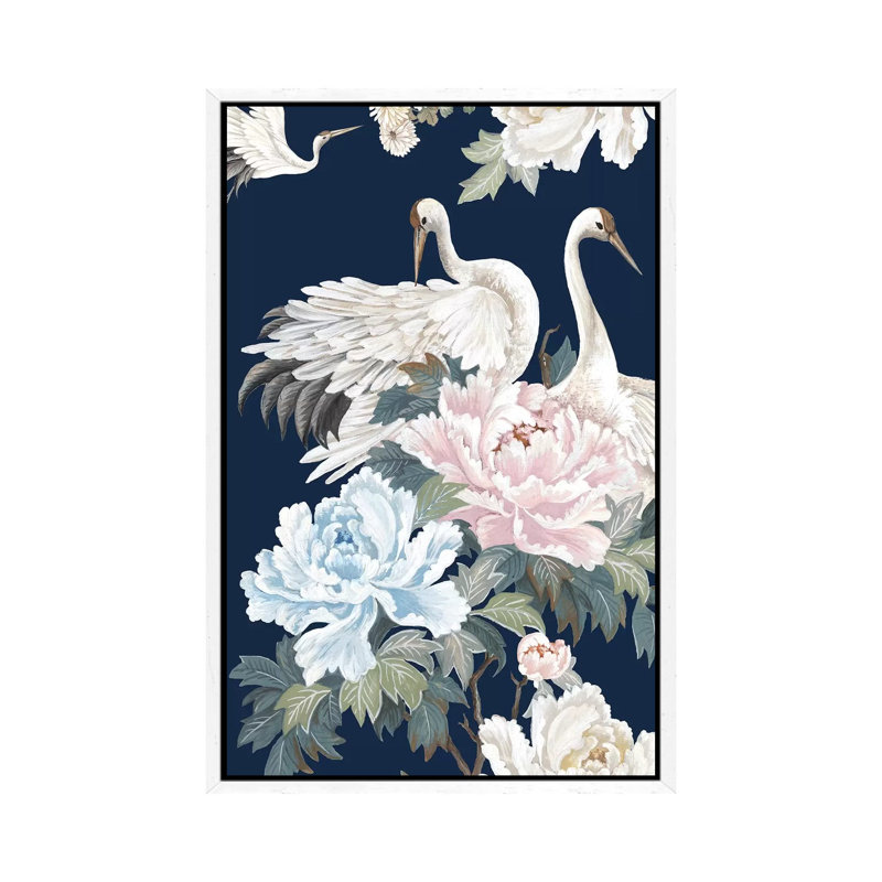 Pearly White Cranes I by Eva Watts - Painting on Canvas, 152.4cm H x 101.6cm W x 3.81cm D, White Framed