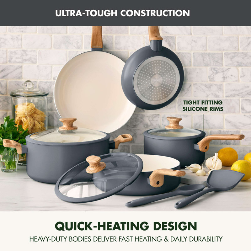 GreenPan Rio Essence Wood 10 Piece Cookware Set, Healthy Ceramic Nonstick, PFOA & PFAS-Free Coating, Gray