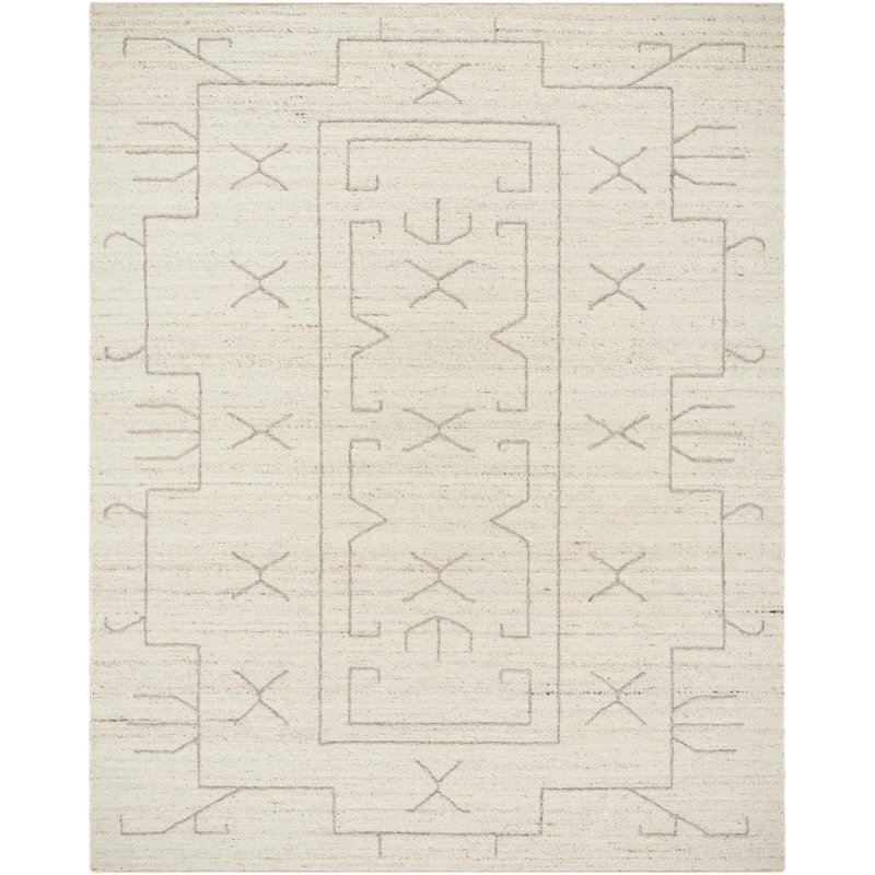 Rectangle Tobbie Geometric Hand Woven Flatweave Wool Area Rug in Pearl, Rectangle 9' x 12'