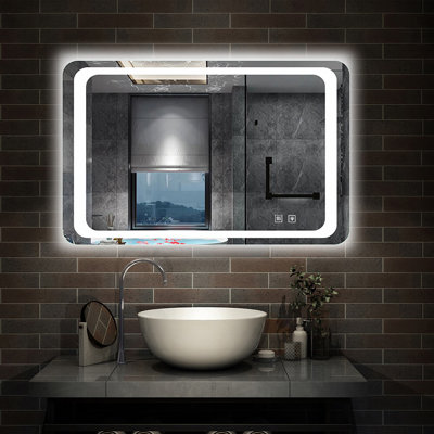 90X70 LED Bathroom Wall Mirror With Lights,Demister Pad Dual Touch Control Switch