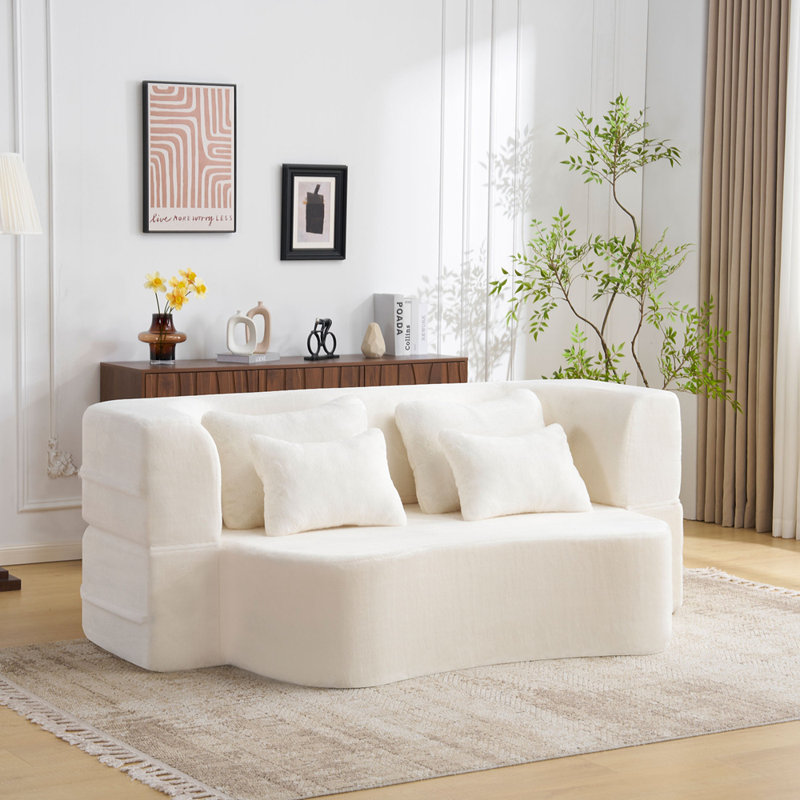 Grand canapé contemporain avec 4 coussins, canapé futon en tissu moelleux, matelas pliant en mousse haute densité, Blanc