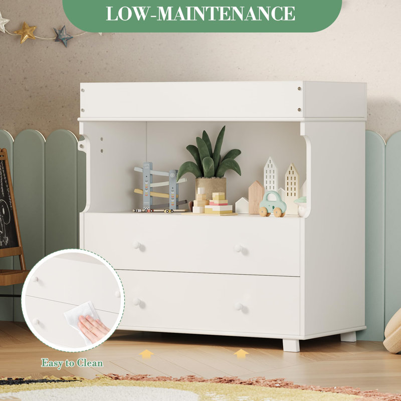Commode à langer avec 2 tiroirs, commode pour chambre de bébé moderne avec espace de rangement ouvert, table à langer pour chambre à coucher, chambre d'enfants, chambre de bébé, blanc