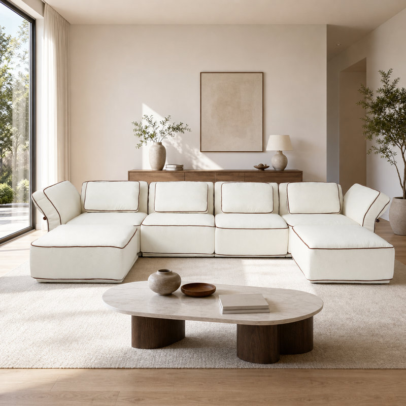 Canapé d'angle Adonia 162,22 po, revêtement en bouclette, accoudoirs évasés et 2 poufs inclus, White Boucle