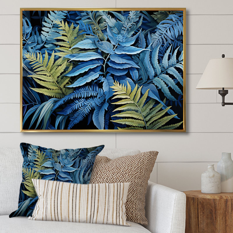 " Blue Ferns Cobalt Serenade II ", Cadre flottant doré, H 24 po x l 32 po x P 1 po