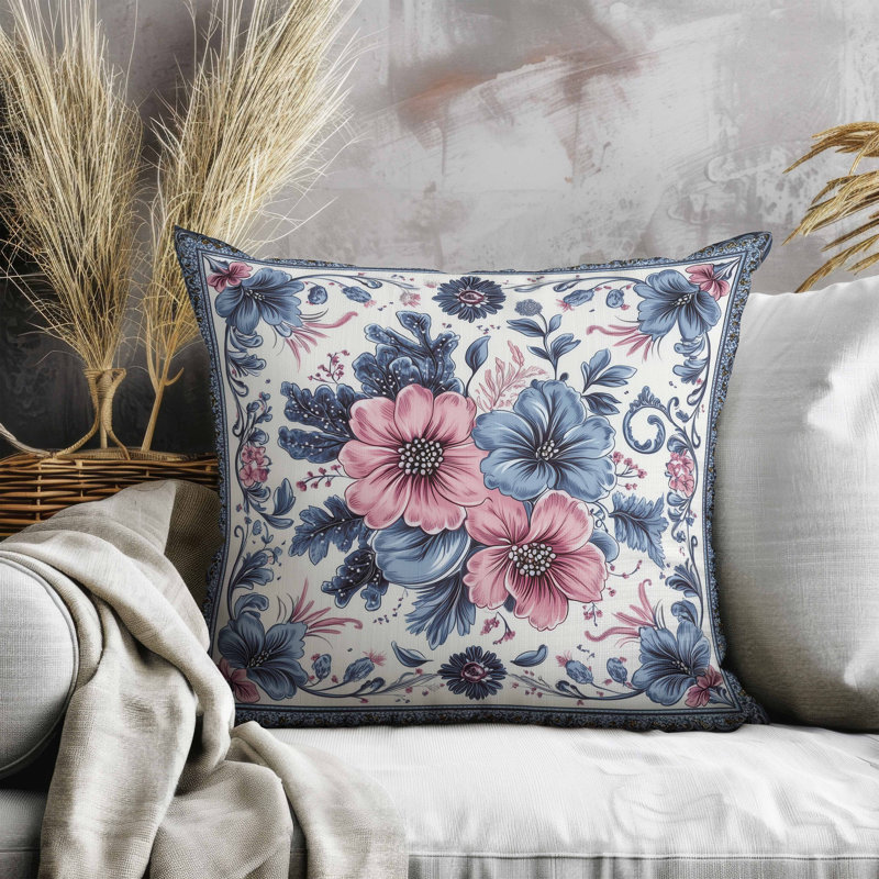 Oreiller en faux suède à motif de pervenche, Carré 20 po, Rose / Gris