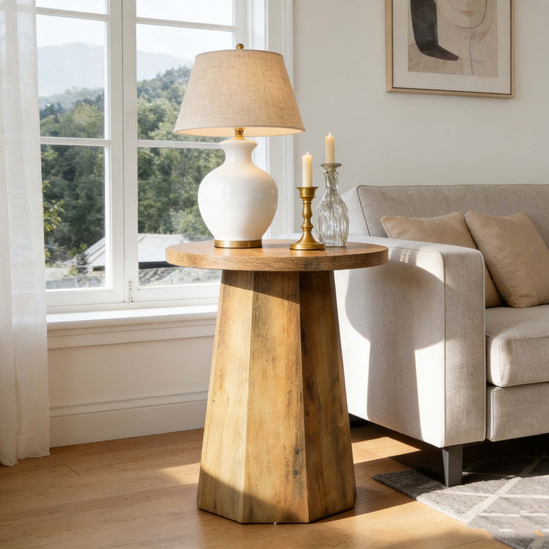 Wooden Round Couch Side Table with Octagonal Base, Brown