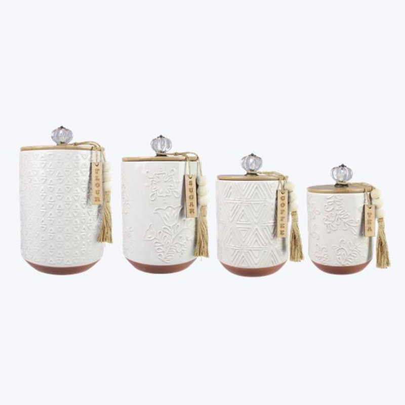 Set of 4 White Ceramic Canisters with Wood Lids and Tassel Accents