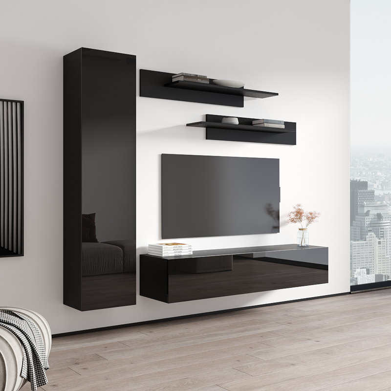 Violette 85" Modern Floating Wall Mounted Entertainment Center with 16-Color LED Lighting, High Gloss Finish, Black