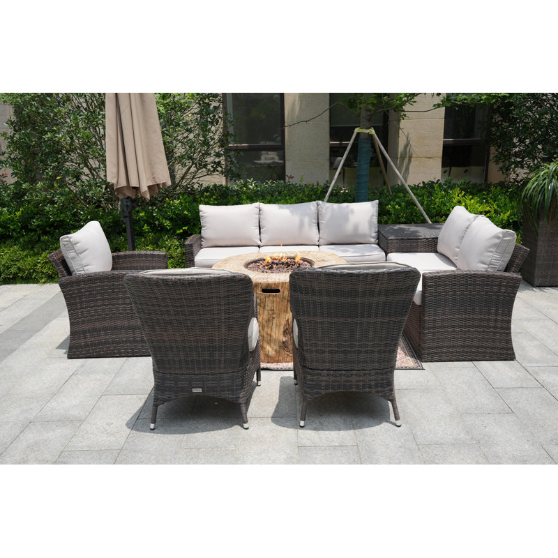 8 - Person Patio Conversation Set with Cushions, Beige, Brown