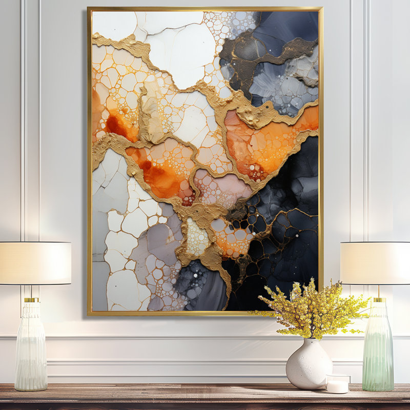 «Slab Structures Orange White» - art mural en marbre, H 20 po x l 12 po x P 1 po, Toile avec cadre flottant or