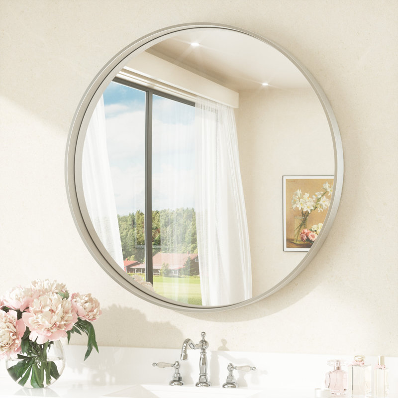 Puttnam Modern Round Bathroom Mirror with 2" Aluminum Alloy Frame, Shatter-proof Film, French Cleat Mounted, Brushed Silver