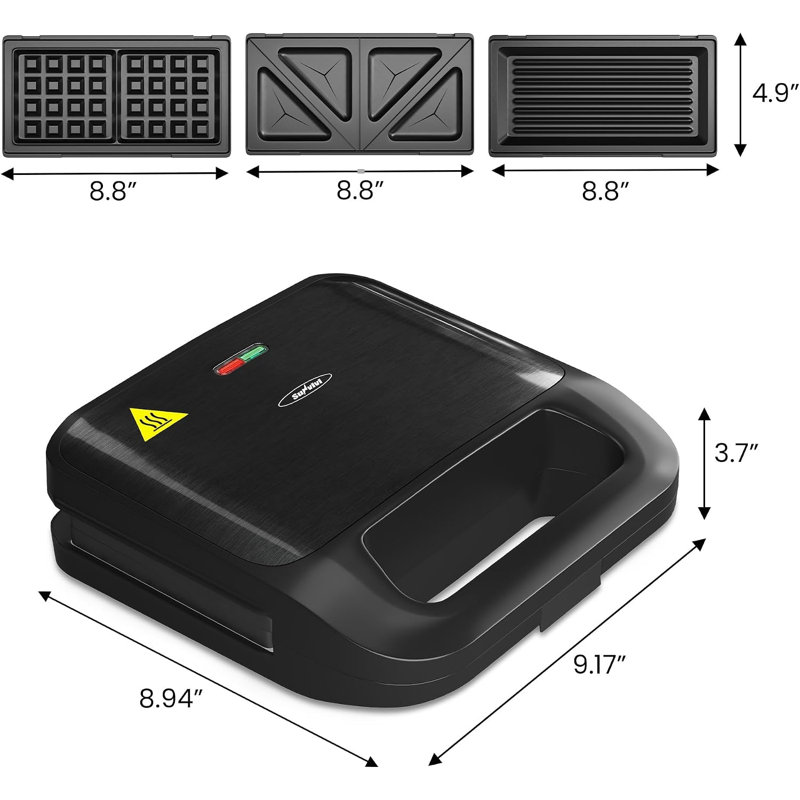 Machine à sandwich électrique 3 en 1 et gaufrier avec 3 plaques antiadhésives amovibles, presse à panini 750 W et gril, noir