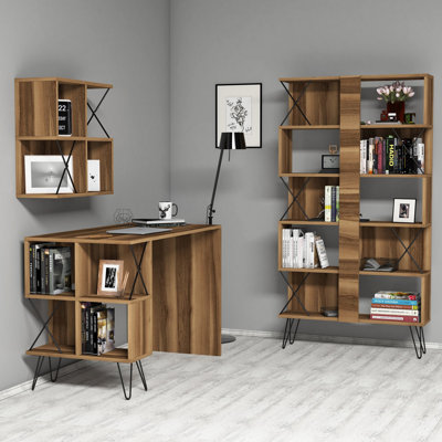 Modern Study Desk & Bookshelf Set, Walnut & Black - 47.2 x 30.9 x 23.6 in Desk | 35.4 x 65.9 x 8.7 in Bookshelf | 23.6 x 23.6 x 9.4 in Wall Shelf | 100% Melamine Coated Particle Board, Stylish & Functional Design