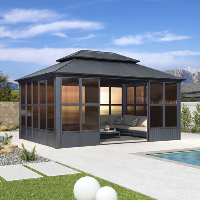 PURPLE LEAF 12' W x 16' D Sunroom Hardtop Gazebo Solarium Galvanized Steel Double Roof All-Weather Aluminum Outdoor Screen House