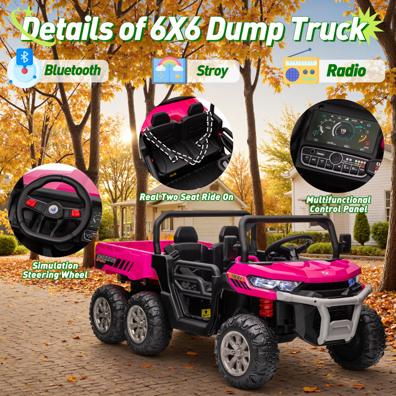 Camion à benne basculante 24V rose pour enfants avec télécommande, benne de travail et musique Bluetooth, Rose