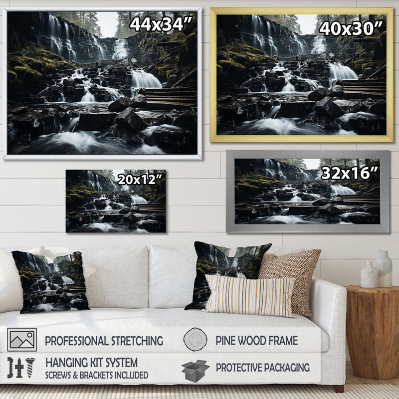 Chute d'eau monochrome en cascade Harmony I sur toile, 24" H x 32" W, Cadre flottant blanc