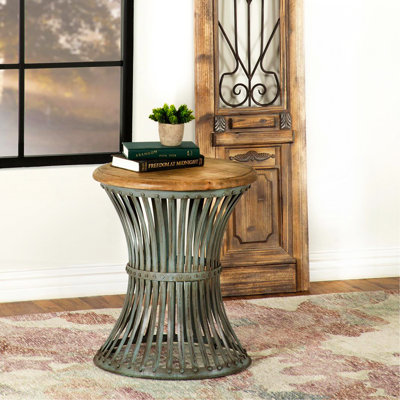 Table d'appoint ronde naturelle et bleue patinée