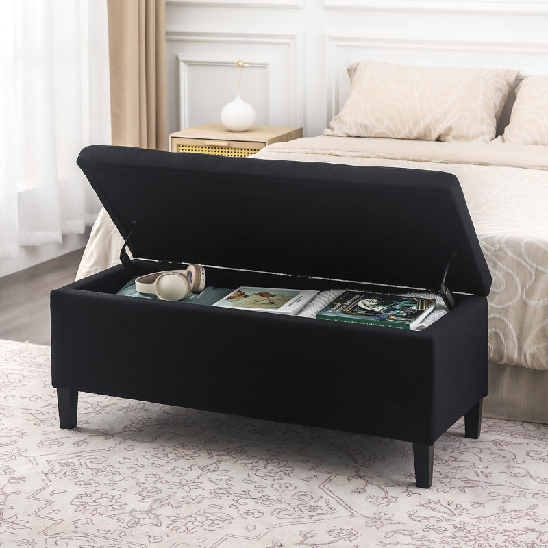 Repose-pieds capitonné rectangulaire de 42 po avec rangement, Tissu noir