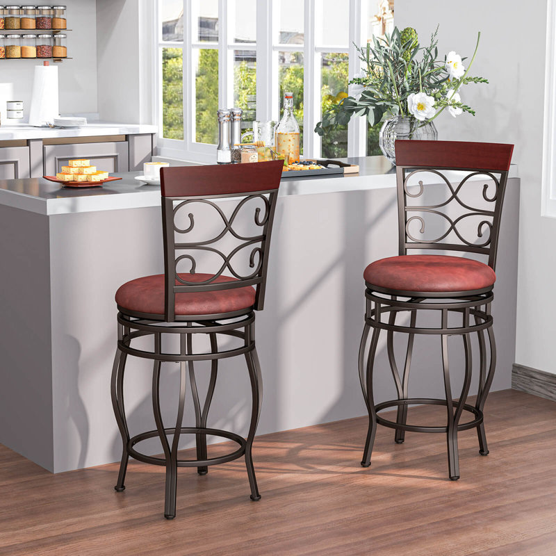 Ensemble de 4 tabourets de bar pivotants 26 po avec dossier rembourré et repose-pieds brun, 2