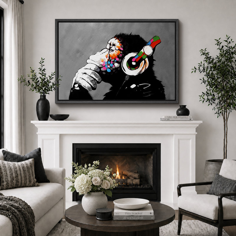 Pop Urban Street "Banksy Thinge Monkey With Head écouters, H 24 po x l 36 po, Reproduction avec cadre flottant, Noir