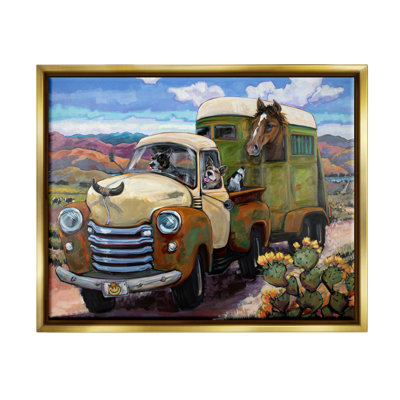 Chiens au volant d'un camion rustique rétro avec chariot à cheval, art mural par CR Townsend