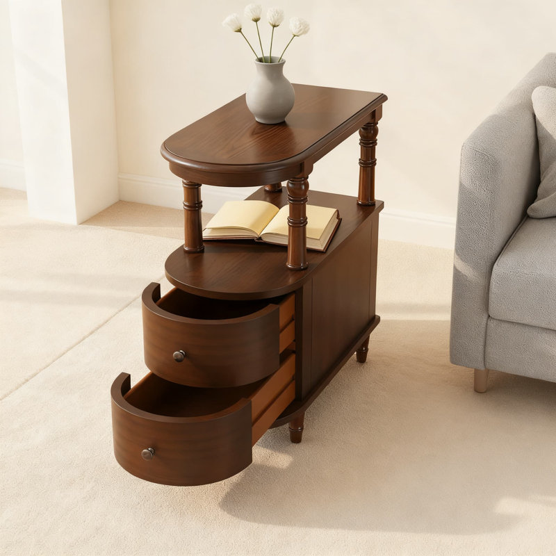 Table de bout étroite avec 2 tiroirs, table de chevet en bois massif rétro, table d'appoint Mid-Century moderne pour la chambre à coucher et le salon
