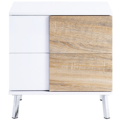 Stylish White And Natural End Table With 2 Drawers For Interior Design Chic High Gloss Storage