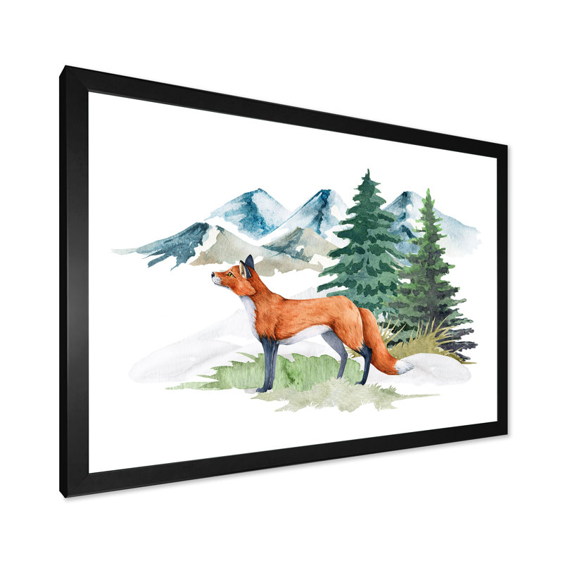 Red Fox in Winter Forest Landscape - peinture sur toile, H 16 po x l 32 po, Toile avec cadre de coin noir fermé