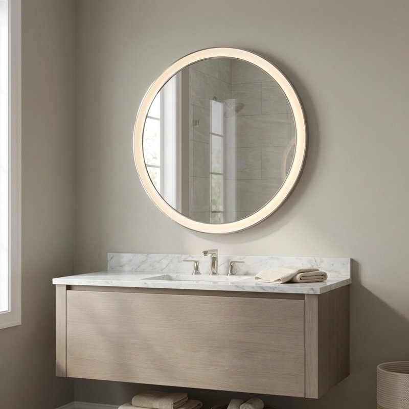 Chopin Round Illuminated Mirror, Polished Nickel, 36" H x 36" W x 1.5" D