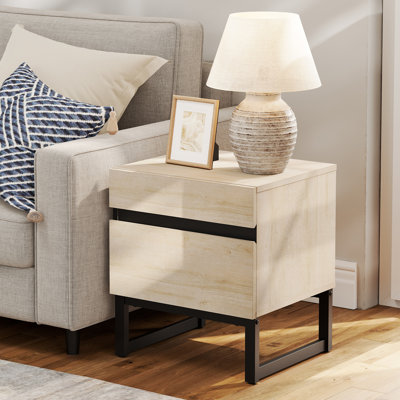 Aadam Modern End Table With 2 Drawers, Farmhouse Sofa Table, Wooden Rustic Side Sofa Table With Metal Leg For Living Room, Nighstand For Bedroom