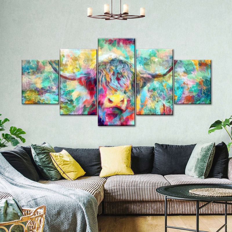 «Highland Cow», impression colorée sur toile 5 pièces Highland Cow, H 42 po x l 92 po x P 1,25 po