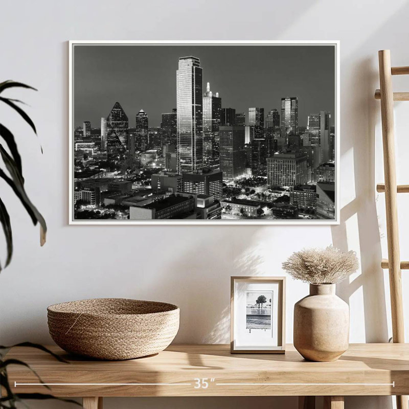 Monochrome Dallas, Texas, 25 po x 17 po, Cadre flottant blanc