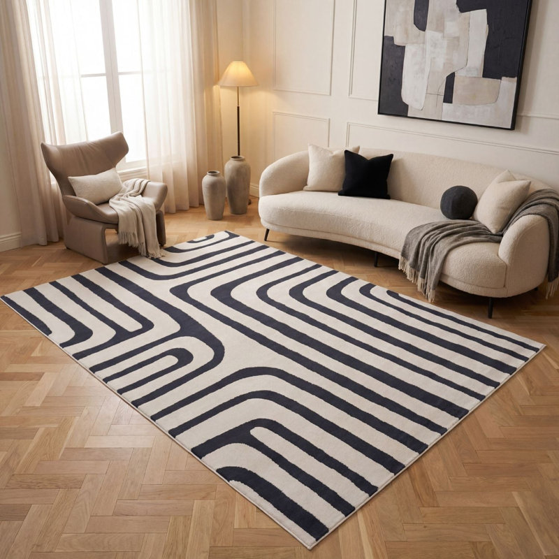 Loft Modern Curved Line Living Room Area Rug and Runner Soft Pile, Rectangle 240 x 340 cm, Navy/Ivory