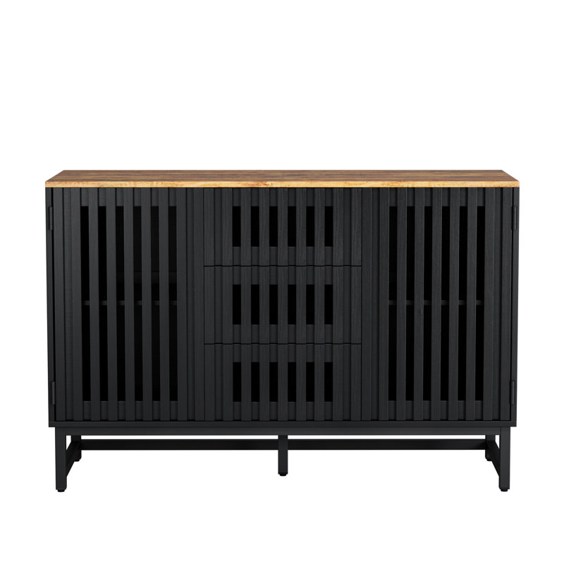 Commode noire à 3 tiroirs et 4 tablettes, grille et rayures, fabriquée en métal et pour différentes pièces