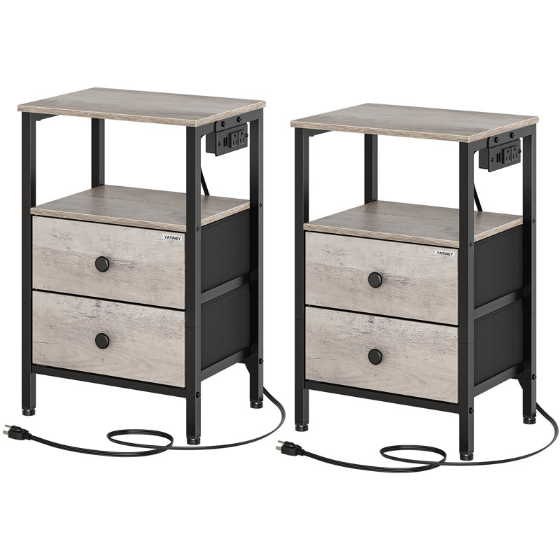 Table de bout H 23,4 po avec station de charge et 2 tiroirs en tissu non tissé, Gris