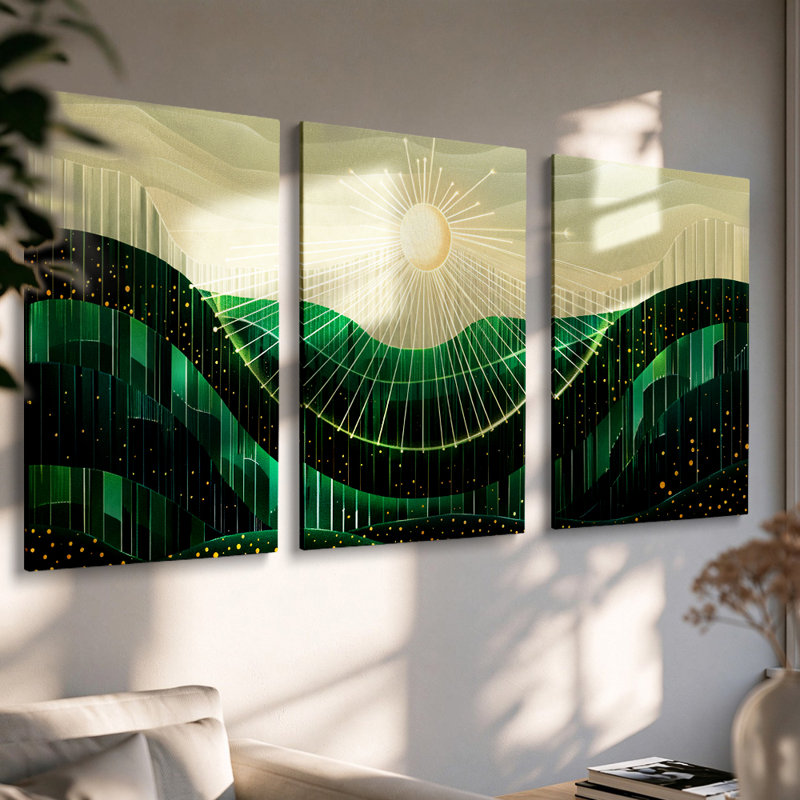 Ensemble de 3 toiles abstraites modernes représentant un soleil et une montagne verte - Décoration de salon