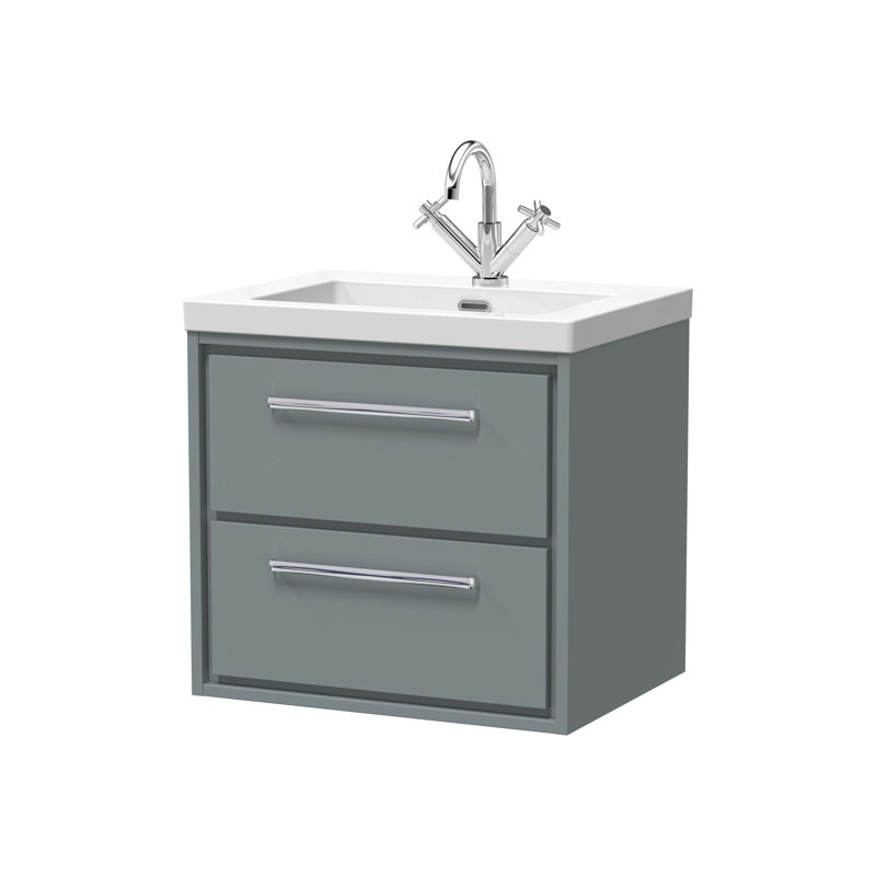 Hudson Reed Lille 600mm Coastal Grey Woodgrain 2 Drawer  Wall Hung Vanity Unit With 1 Tap Hole Fireclay Basin