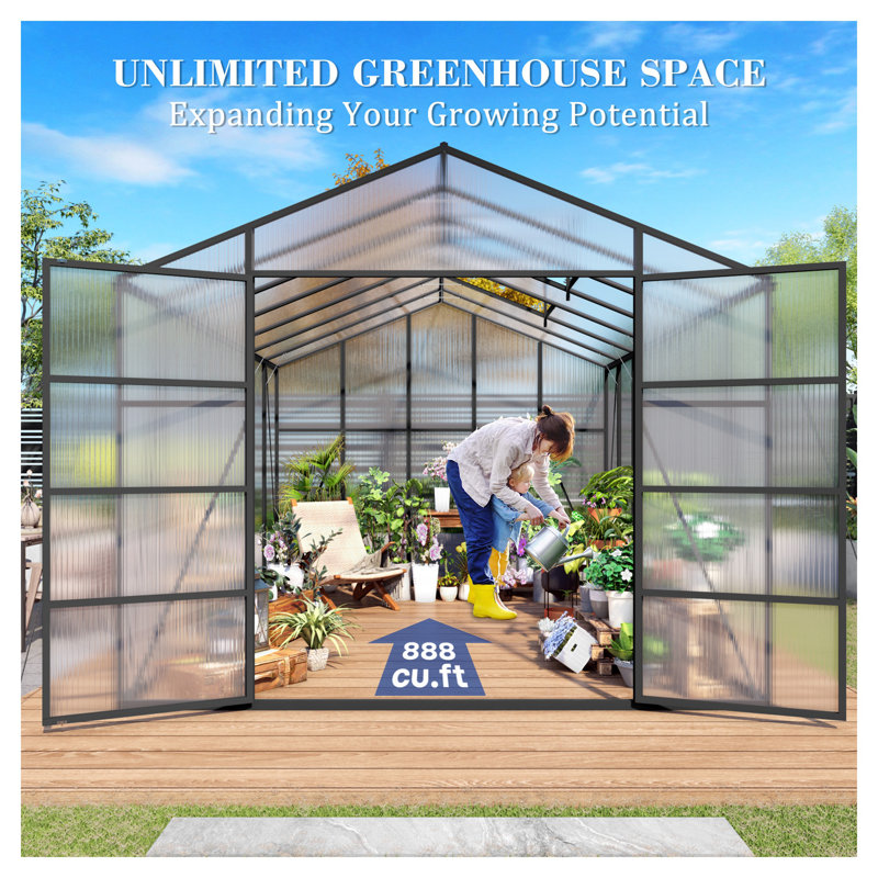 10x14 FT Heavy Duty Aluminum Greenhouse with Polycarbonate Panels - Walk-in Outdoor Garden House for All Season Planting