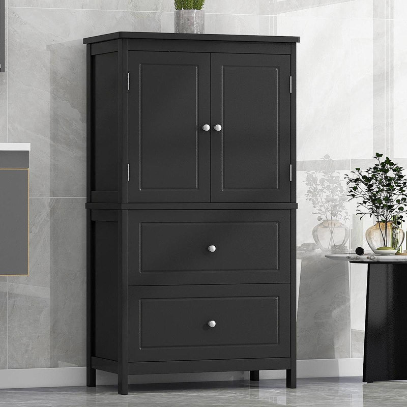 Armoire de rangement pour salle de bain, armoire avec deux portes et tiroirs, tablette réglable, panneau de fibres à densité moyenne, noir