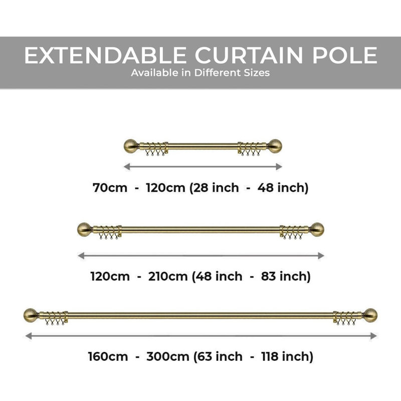 Aspire Homeware Adjustable Plain Metal Ball Curtain Rod With Hardware Accessories, 160cm – 300cm, Antique Brass