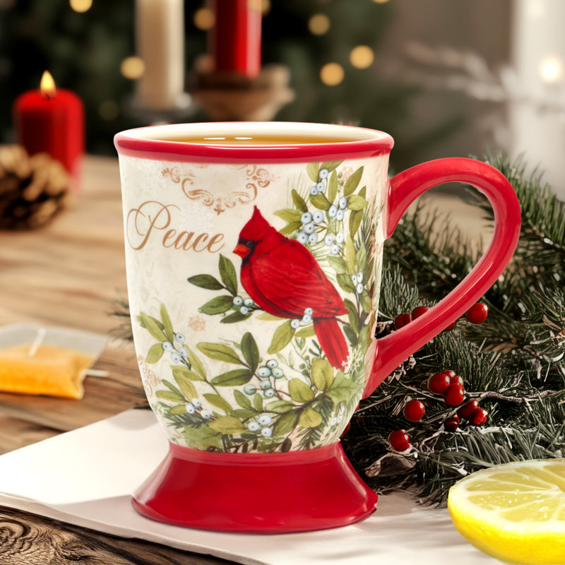 Set of 4 Red Ceramic Christmas Mugs with Winter Design