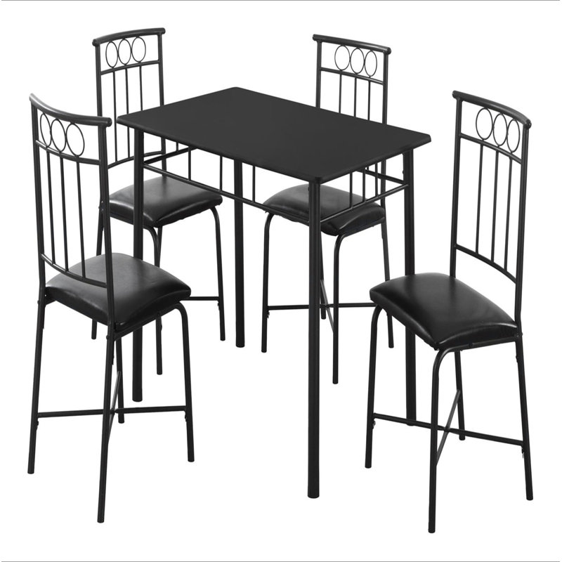Dining Table Set, 5pcs Set, Small, 40" Rectangular, Kitchen, Black Metal, Black Leather Look, Contemporary