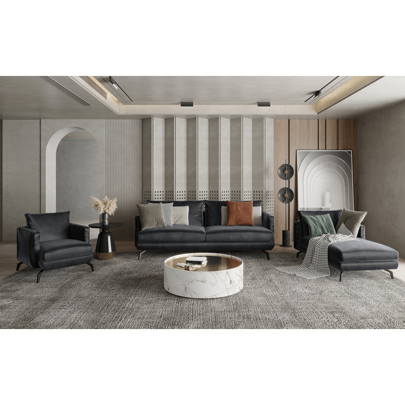 Unic Velvet Chaise Lounge, Charcoal Grey, Right-Arm Chaise