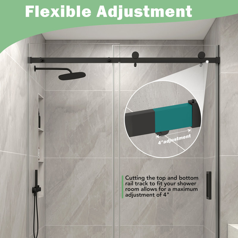 50"- 54" W x 76" H Single Sliding Frameless Shower Door in Matte Black Finish with 1/4" Clear Tempered Glass, Soft-Close, Easy-Clean Coating, Explosion-Proof Film, Stainless Steel Accessories