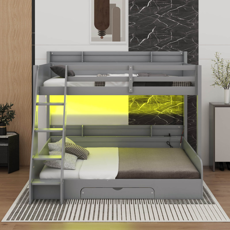 Twin Over Full Bunk Bed With Charging Station And Drawer, Gray